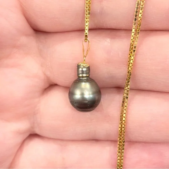 Vintage Tahitian Pearl Pendant: 18K Yellow Gold Solitaire, Elegant Dainty - Picture 7 of 13